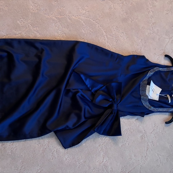 Blue Hotfix Embellished Bow Satin Square Neck Sleeveless Sheath Midi Dress - Picture 6 of 6